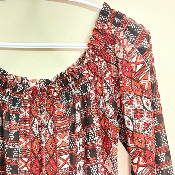 BB Dakota Red and Black Tribal Print Ruffled Trim Sundress w Smock Elastic Waist - Picture 4 of 16